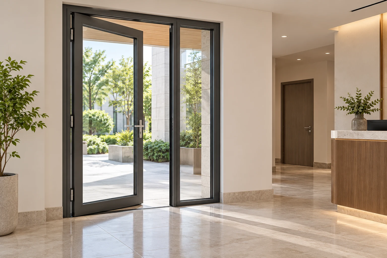 Commercial Aluminum Door Swing Clearance Illustrative Scene Gray aluminum glazed swing door partly open beside a reception area and crossing corridor in an illustrative commercial lobby