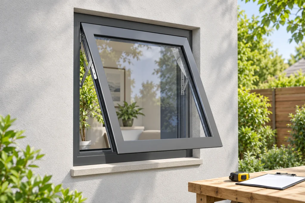 Gray RGNL-60-style awning replacement window with visible wall reveal and a nearby measuring tape