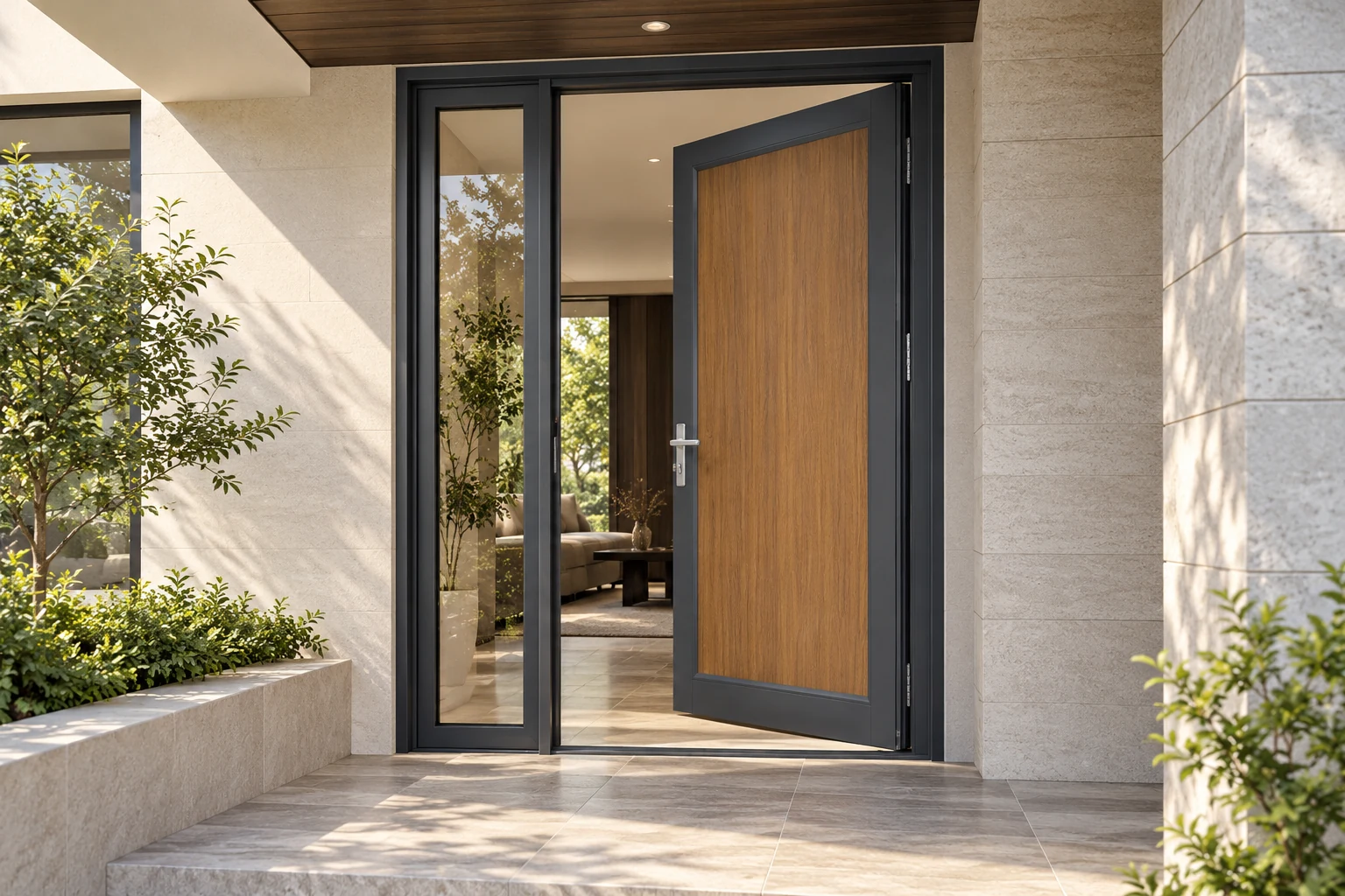 Wood Grain Aluminum Entry Door Illustrative Corner Review Scene Wood-grain appearance on an illustrative aluminum entry door panel within a gray frame at a sheltered villa entrance